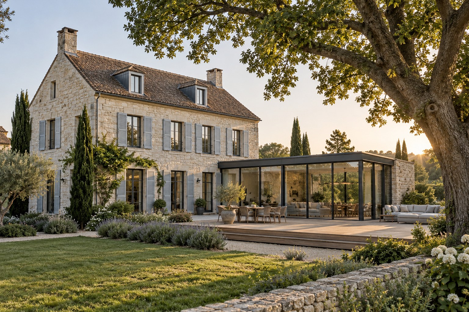 Une maison en pierre prolongée par une extension lumineuse ouverte sur le jardin